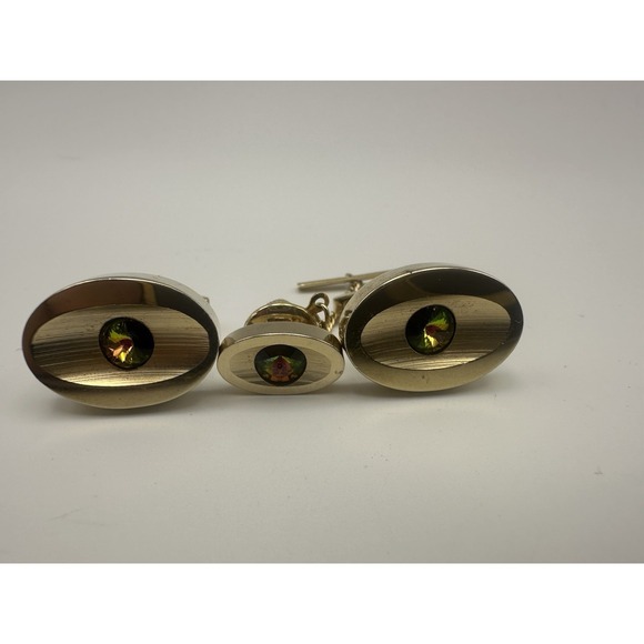 Sarah Coventry Gold Tone Cuff Links And Tie Tack Set Featuring Swarovski Crystal - Picture 4 of 4